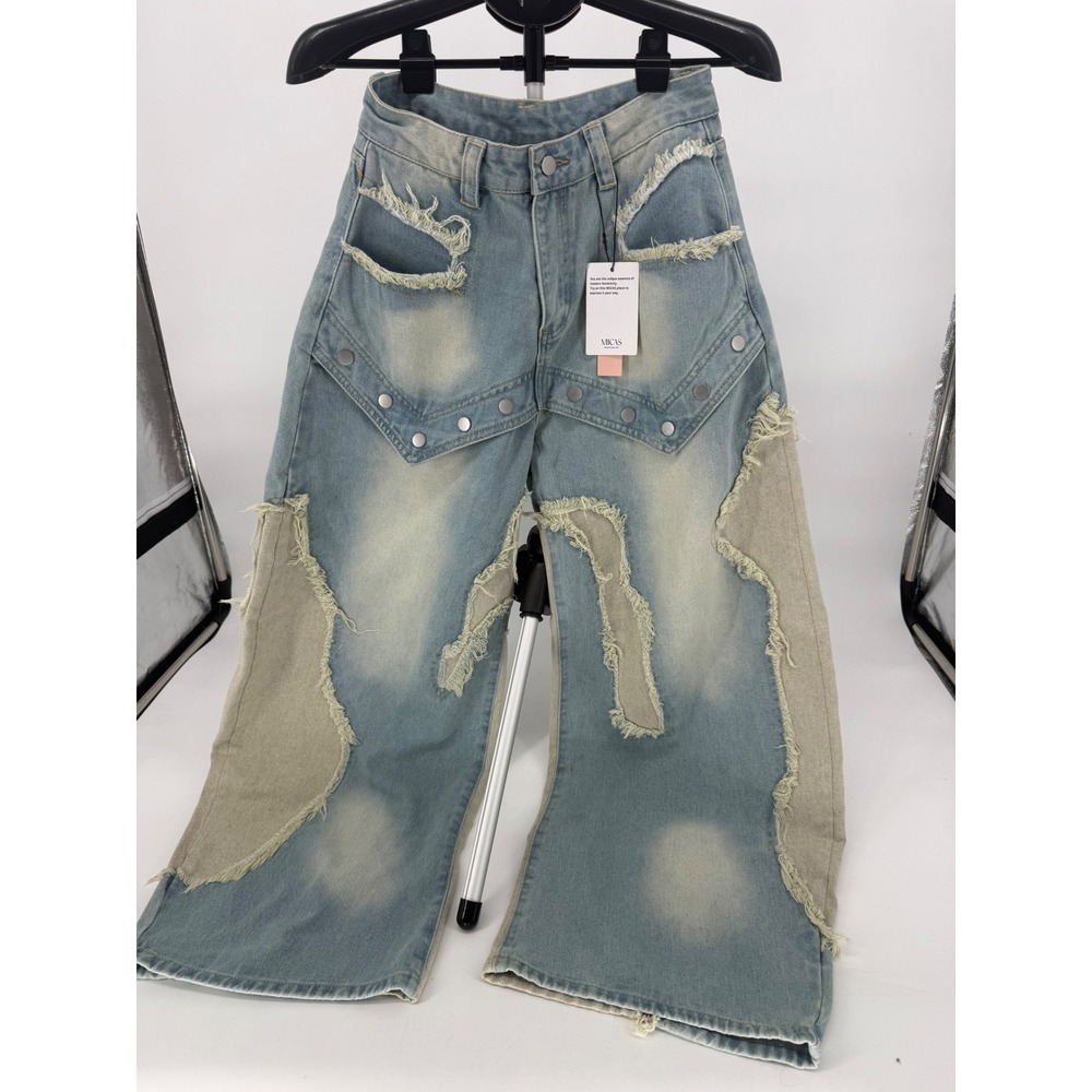 Micas Women Light Wash Patchwork Frayed Wide Leg Studded Denim Jeans Small
